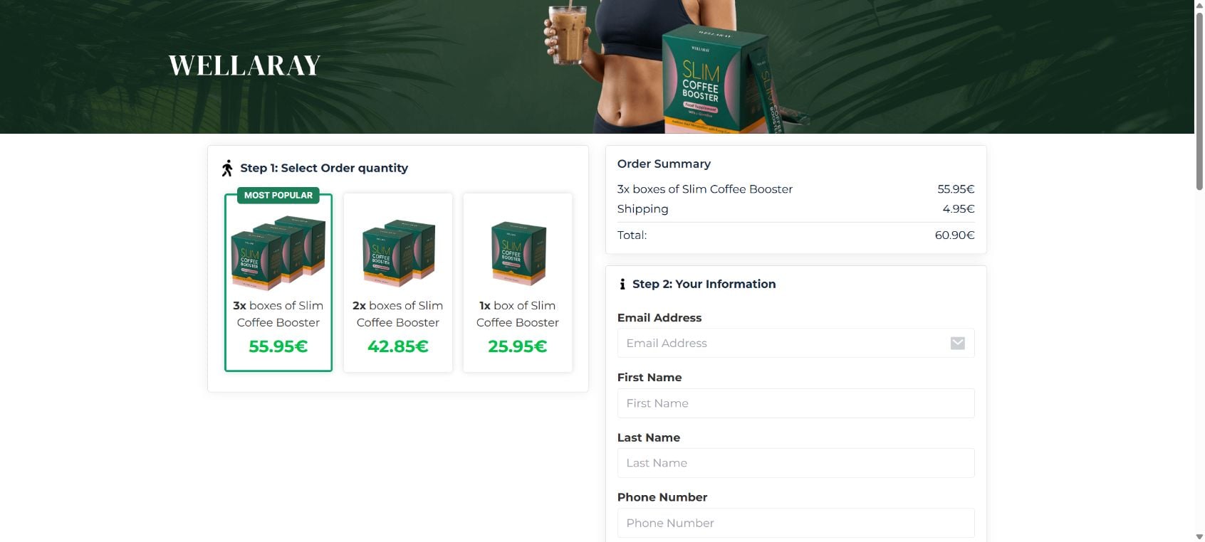 Wellaray Scam Warning: Coffee Booster Claims and Subscription Risks 2 Wellaray checkout with three boxes selected by default and a total of 60.90 euros including shipping