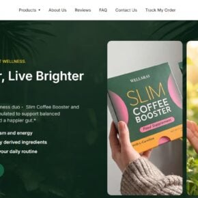 Wellaray website promoting Slim Coffee Booster and Turmeric Probiotic Blend with metabolism and wellness claims