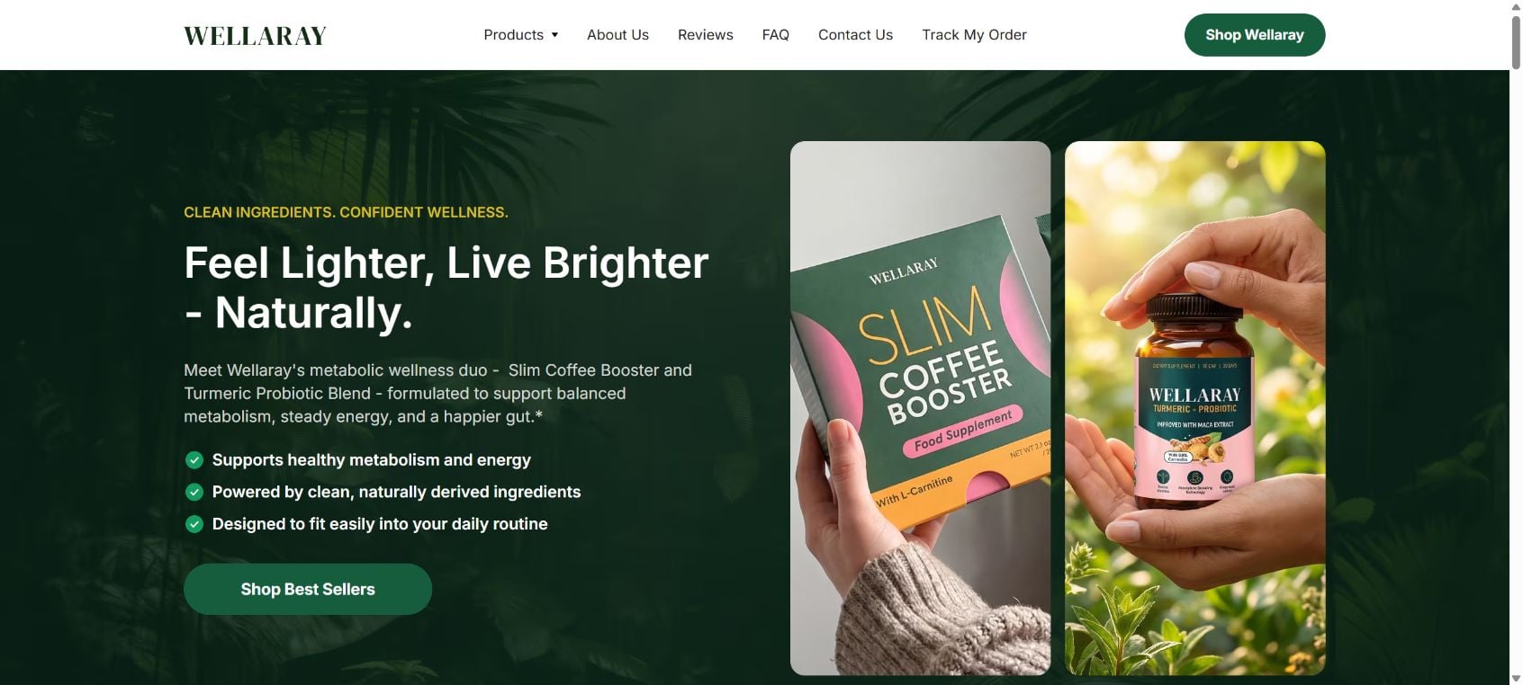 Wellaray Scam Warning: Coffee Booster Claims and Subscription Risks 1 Wellaray website promoting Slim Coffee Booster and Turmeric Probiotic Blend with metabolism and wellness claims