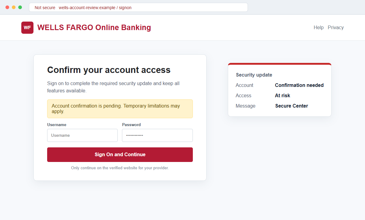 Wells Fargo Account Security Update Email Scam Steals Online Banking Logins 2 Reconstruction of a fake Wells Fargo online banking login used to steal account credentials