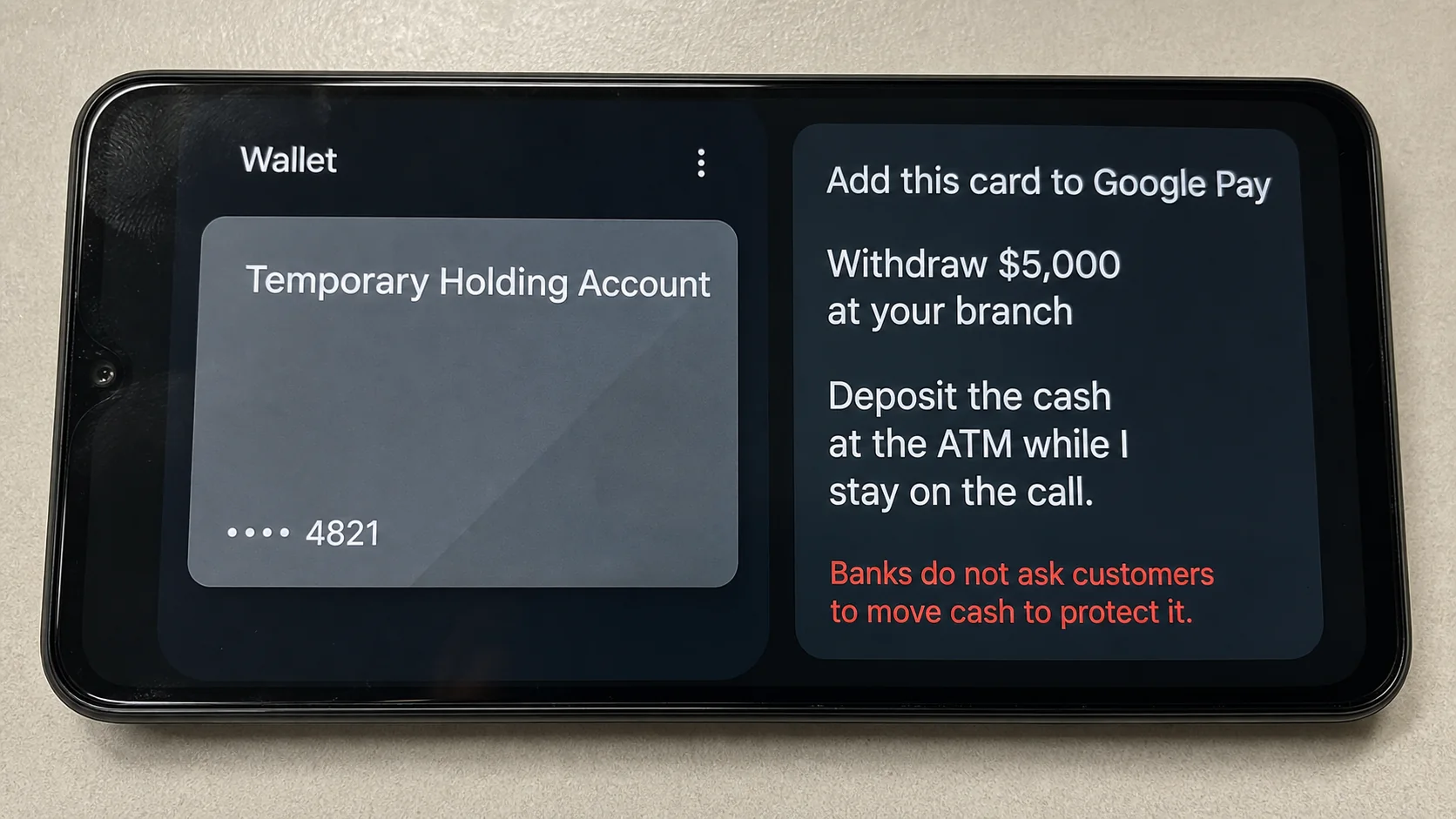 Phone wallet screen showing a fake temporary holding account and instructions to withdraw and deposit cash