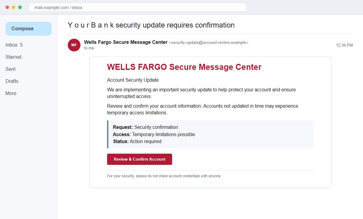 Wells Fargo Account Security Update Email Scam Steals Online Banking Logins 1 Reconstruction of the Wells Fargo Account Security Update email scam with a Review and Confirm Account button