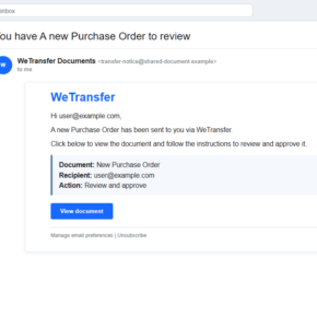 Reconstruction of the WeTransfer Purchase Order email scam with a View Document button