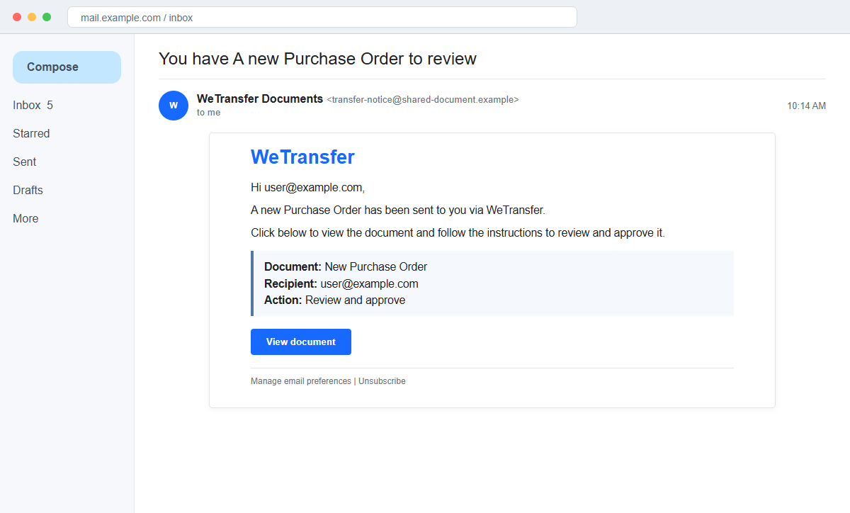 WeTransfer Purchase Order Email Scam Steals Your Business Account Login 1 Reconstruction of the WeTransfer Purchase Order email scam with a View Document button