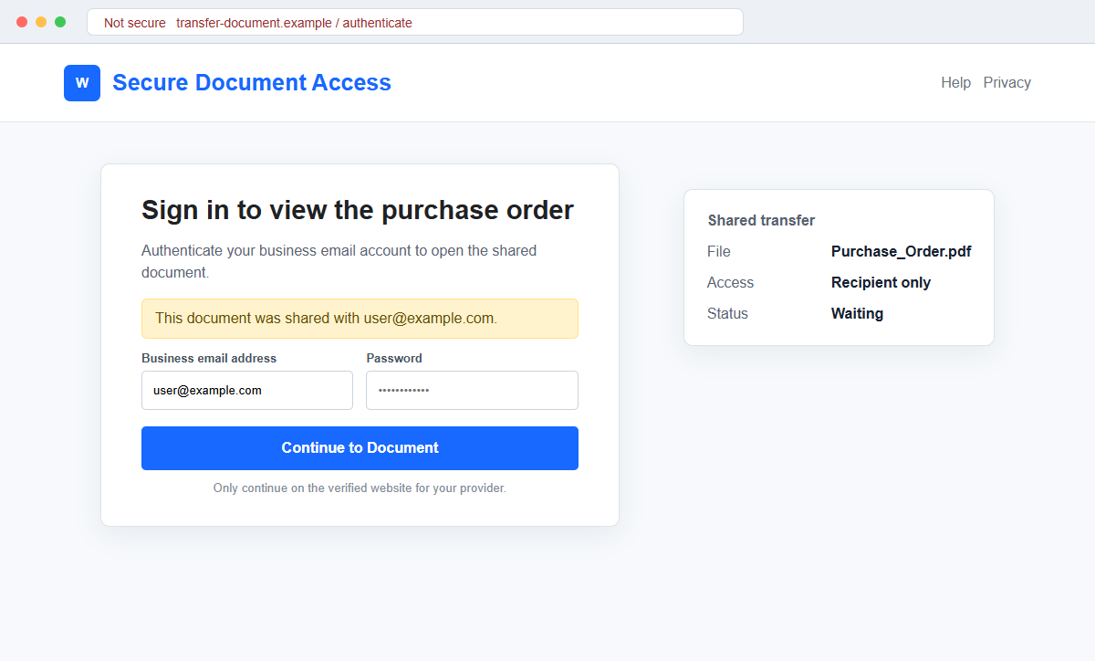 WeTransfer Purchase Order Email Scam Steals Your Business Account Login 2 Reconstruction of a fake business email login opened by a fraudulent WeTransfer purchase order notice