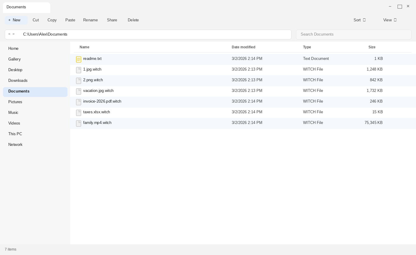 Encrypted files after Witch. The .witch names and readme.txt are the tell.
