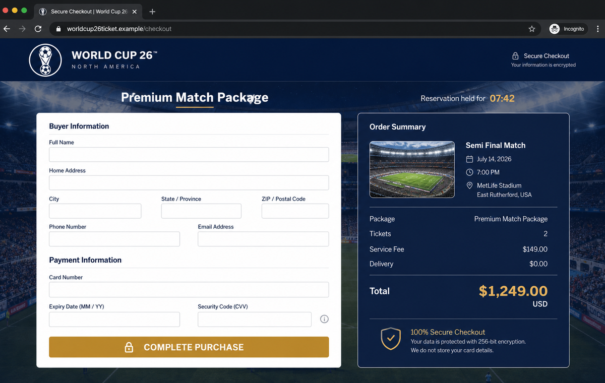 FIFA 2026 World Cup Scams Use Fake Tickets, Stores, Jobs and Checkouts 2 Realistic reconstruction of a fraudulent World Cup ticket checkout page