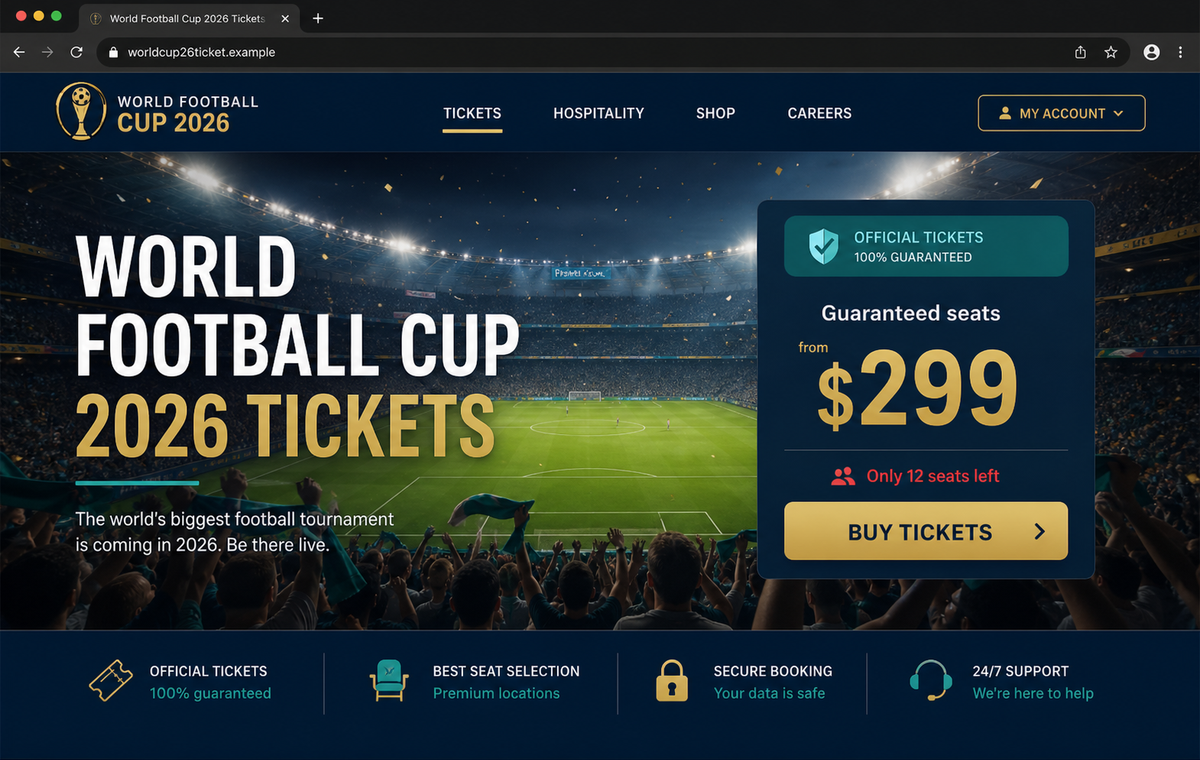 FIFA 2026 World Cup Scams Use Fake Tickets, Stores, Jobs and Checkouts 1 Realistic reconstruction of a fake 2026 World Cup ticket storefront