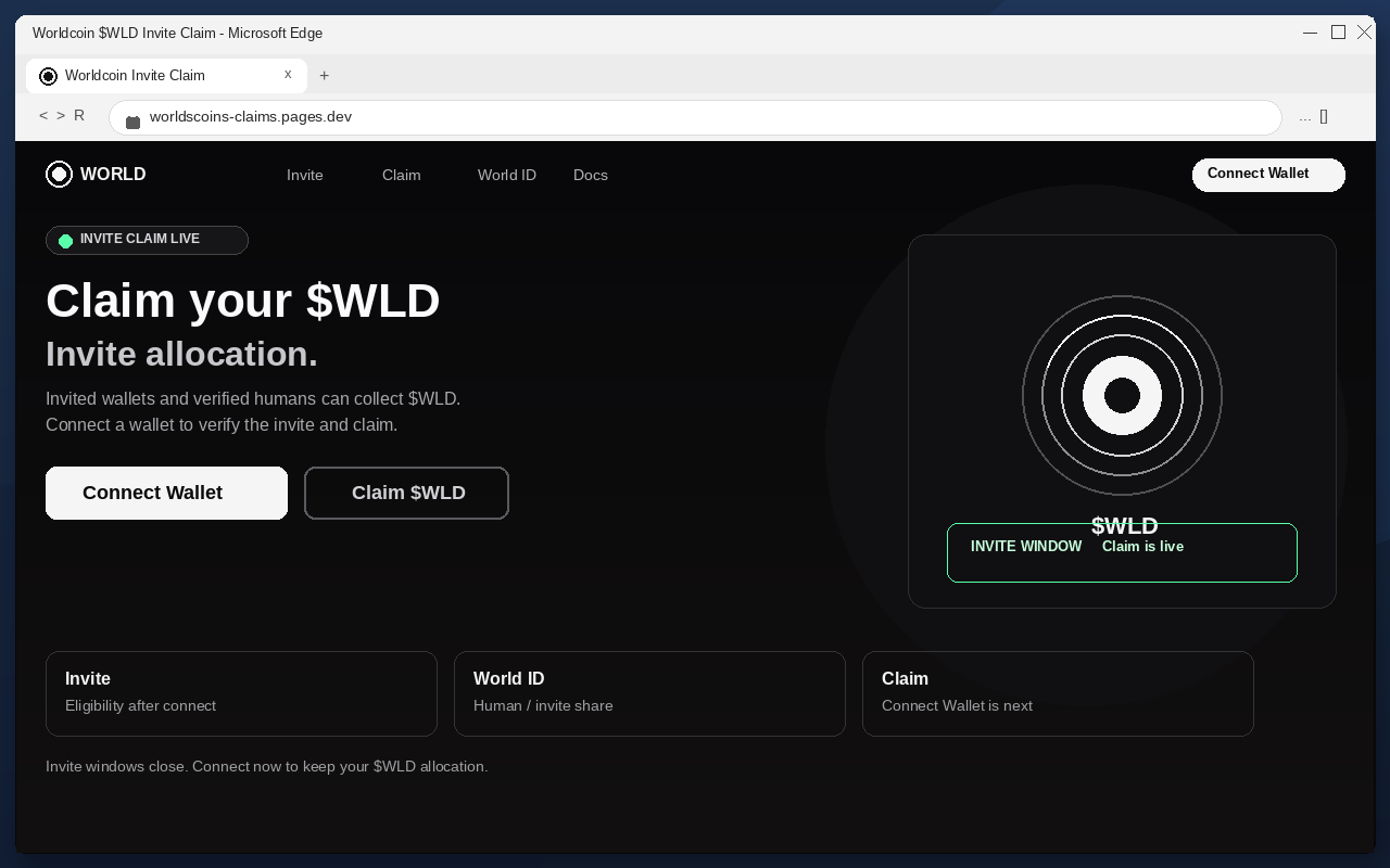 Fake Worldcoin airdrop claim page with Connect Wallet