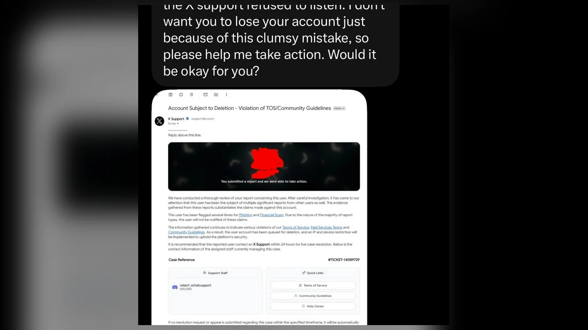 Authentic X direct-message screenshot showing a fake account deletion notice that directs the recipient to support on Discord