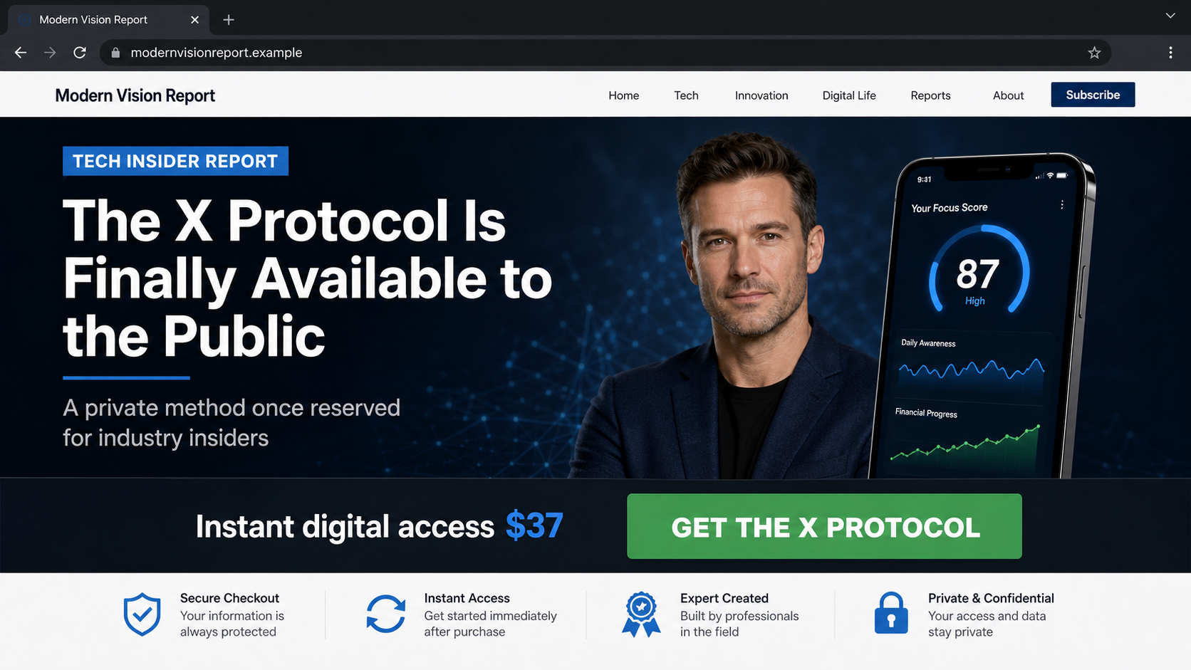 Reconstructed fake technology advertorial selling The X Protocol for $37