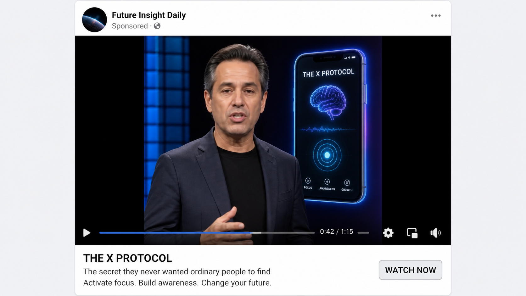 Reconstructed social ad for The X Protocol using a fictional technology presenter
