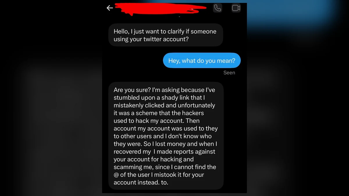 Authentic X direct-message screenshot claiming a mutual accidentally reported the recipient for hacking and scamming