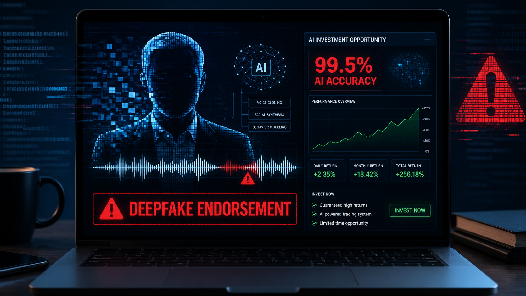 XMoney Elon Musk Scam: How the Deepfake Investment Trap Works 2 Original illustration showing how a deepfake endorsement supports a fake 99.5 percent AI trading claim