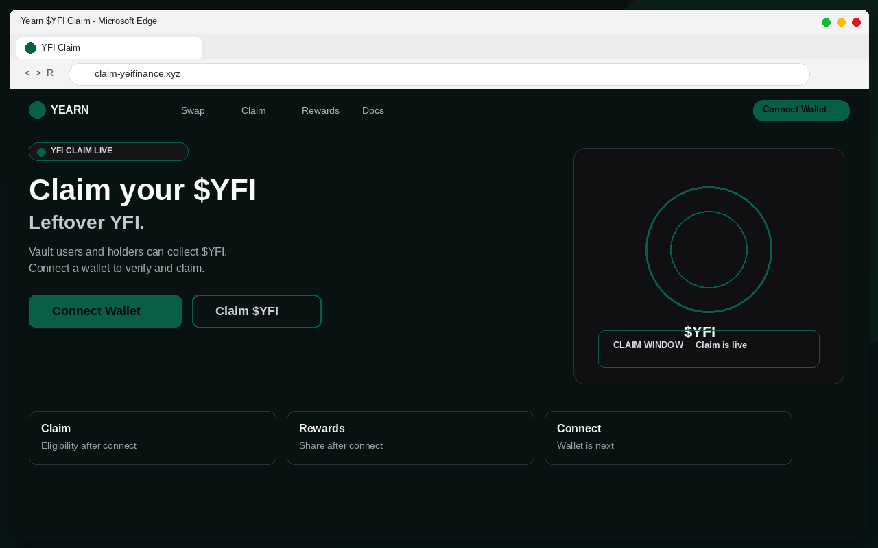 Yearn Airdrop EXPOSED: Fake $YFI Claim Pages Drain Wallets 1 Fake Yearn $YFI airdrop claim page with Connect Wallet