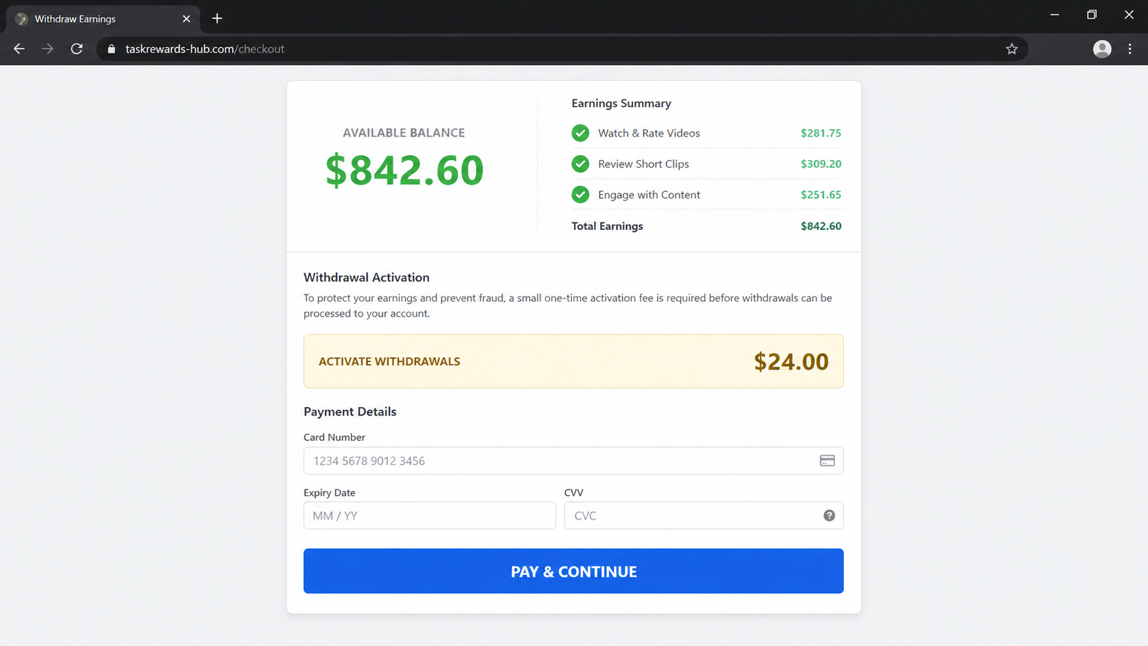 Deceptive task earnings checkout requesting a $24 activation payment