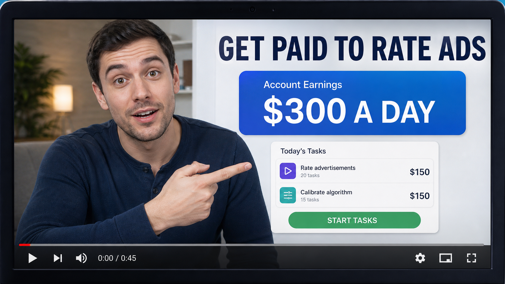 Fake video platform earnings advertisement promising $300 a day for rating ads