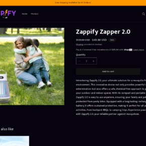 Zappify Zapper 2.0 product page advertising a rechargeable mosquito zapper for $49.99
