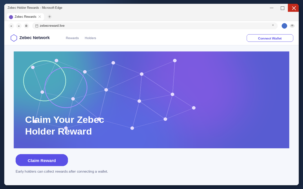 Fake Zebec holder-rewards page with Claim Reward and Connect Wallet
