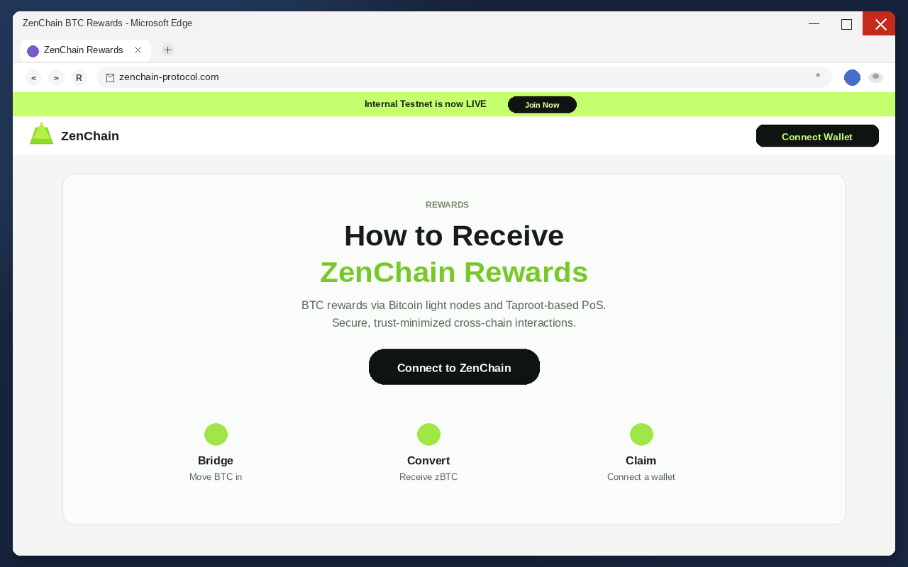 Fake ZenChain Rewards page with Connect to ZenChain and Connect Wallet