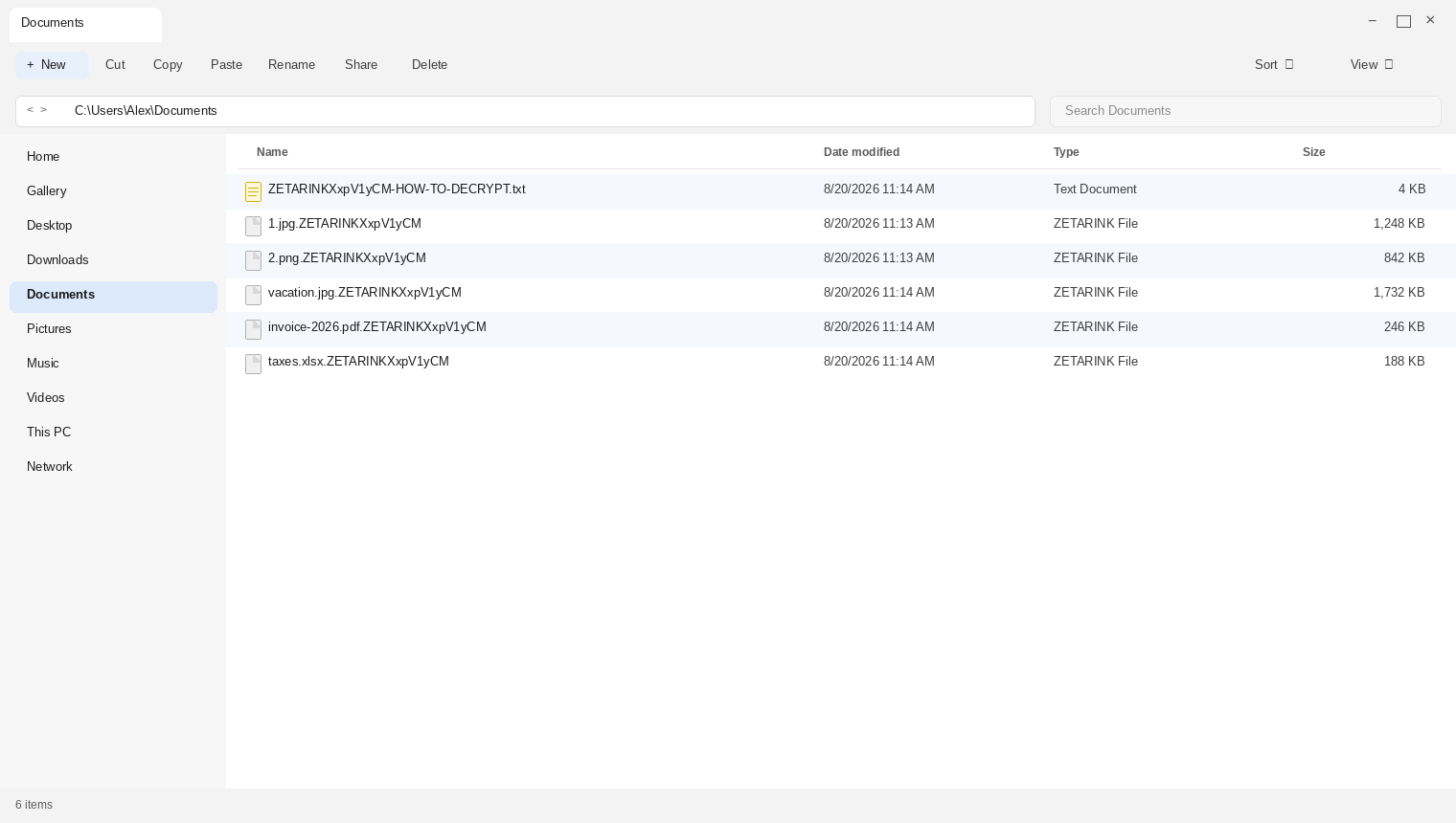 Encrypted files after ZETARINK. The .ZETARINK names and HOW-TO-DECRYPT.txt are the tell.