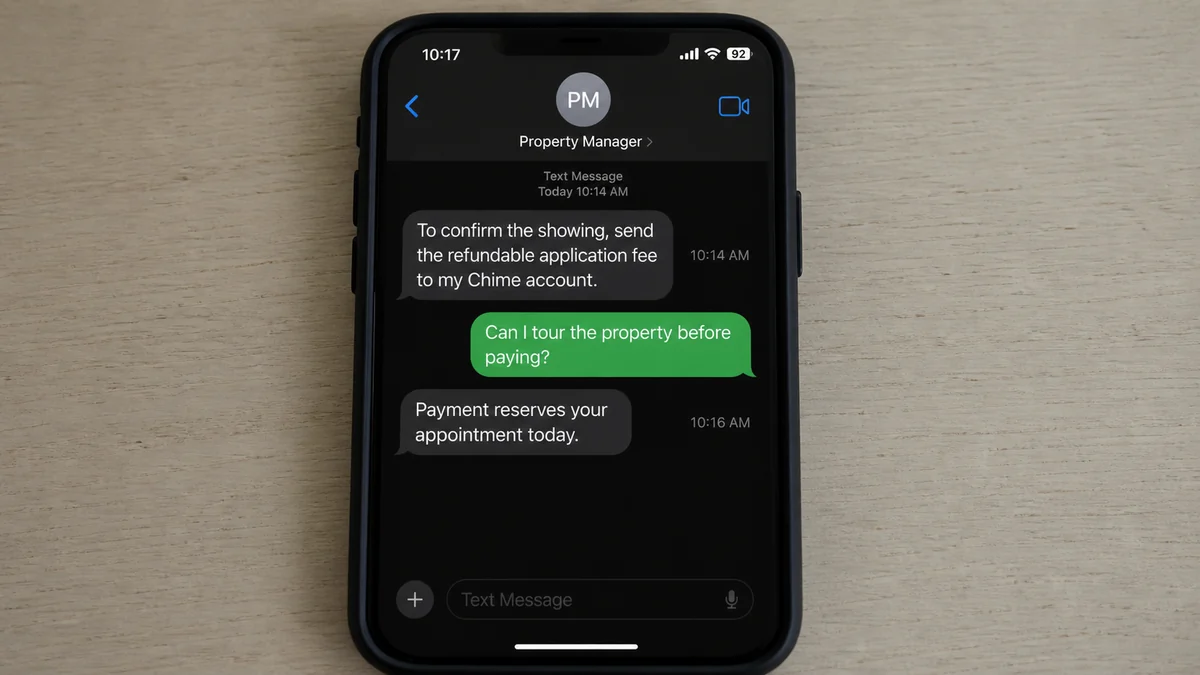Realistic text message asking for a refundable application fee through Chime before a property tour