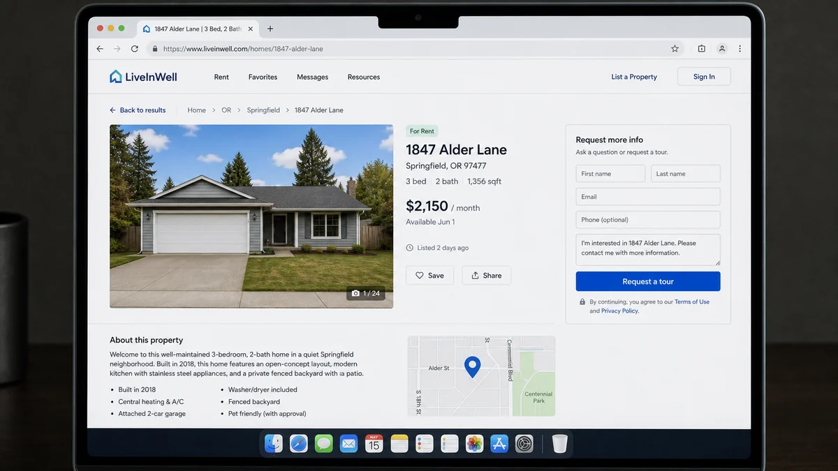 Realistic reconstruction of a fraudulent online rental listing for a fictional home