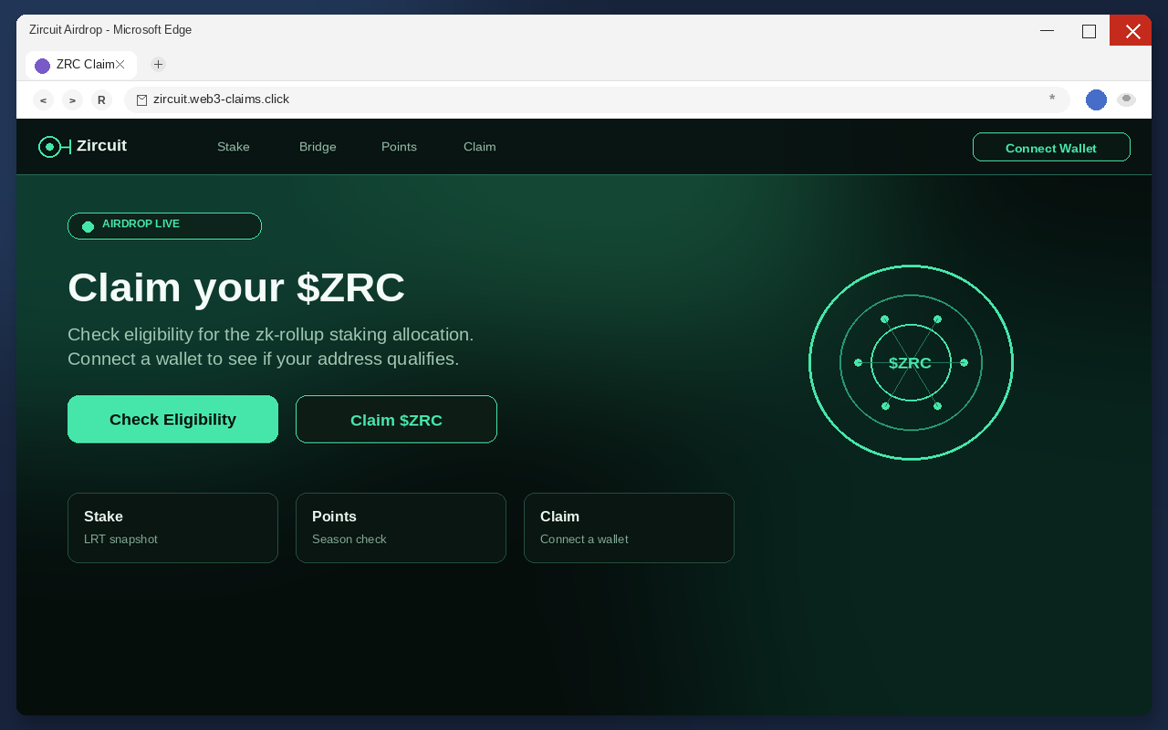 Zircuit Airdrop EXPOSED: Fake Claim Pages Drain Wallets 1 Fake Zircuit airdrop claim page with Connect Wallet