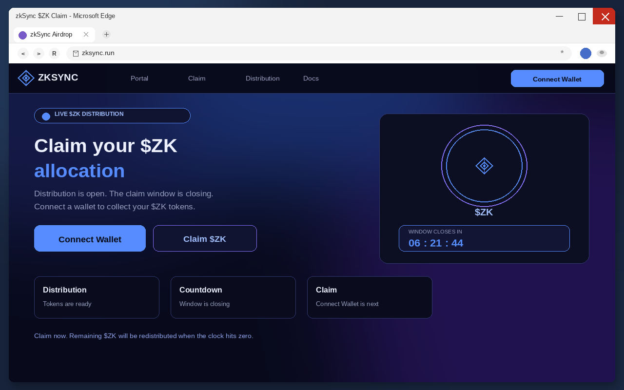 Fake zkSync airdrop claim page with Connect Wallet