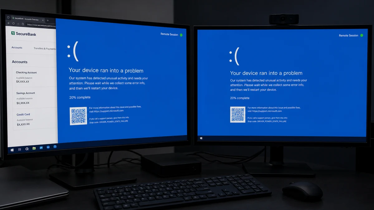Zoho Bookings Email Installs Remote Access Malware 2 Realistic reconstruction of dual business monitors covered by a fake blue crash screen while online banking remains open underneath