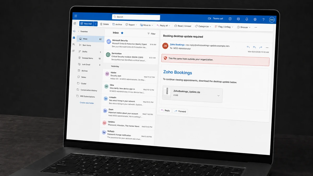 Zoho Bookings Email Installs Remote Access Malware 1 Realistic reconstruction of a fake Zoho Bookings email delivering a malicious update through an attached ZIP file