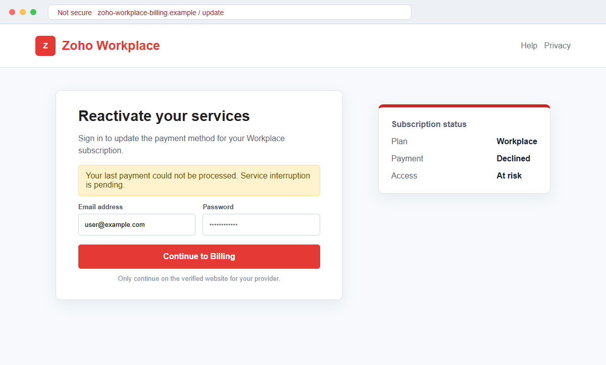 Zoho Workplace Payment Method Update Email Scam Can Steal Your Password 2 Reconstruction of a fraudulent Zoho billing sign-in page asking for email password and payment details