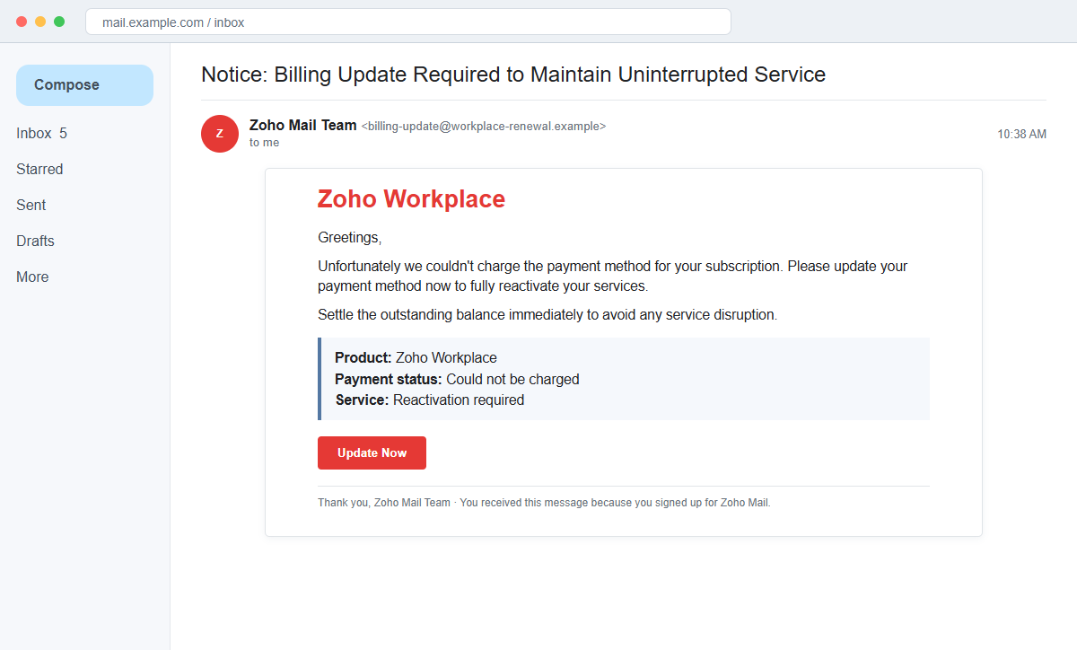 Zoho Workplace Payment Method Update Email Scam Can Steal Your Password 1 Reconstruction of a fake Zoho Workplace billing update email claiming a subscription payment failed