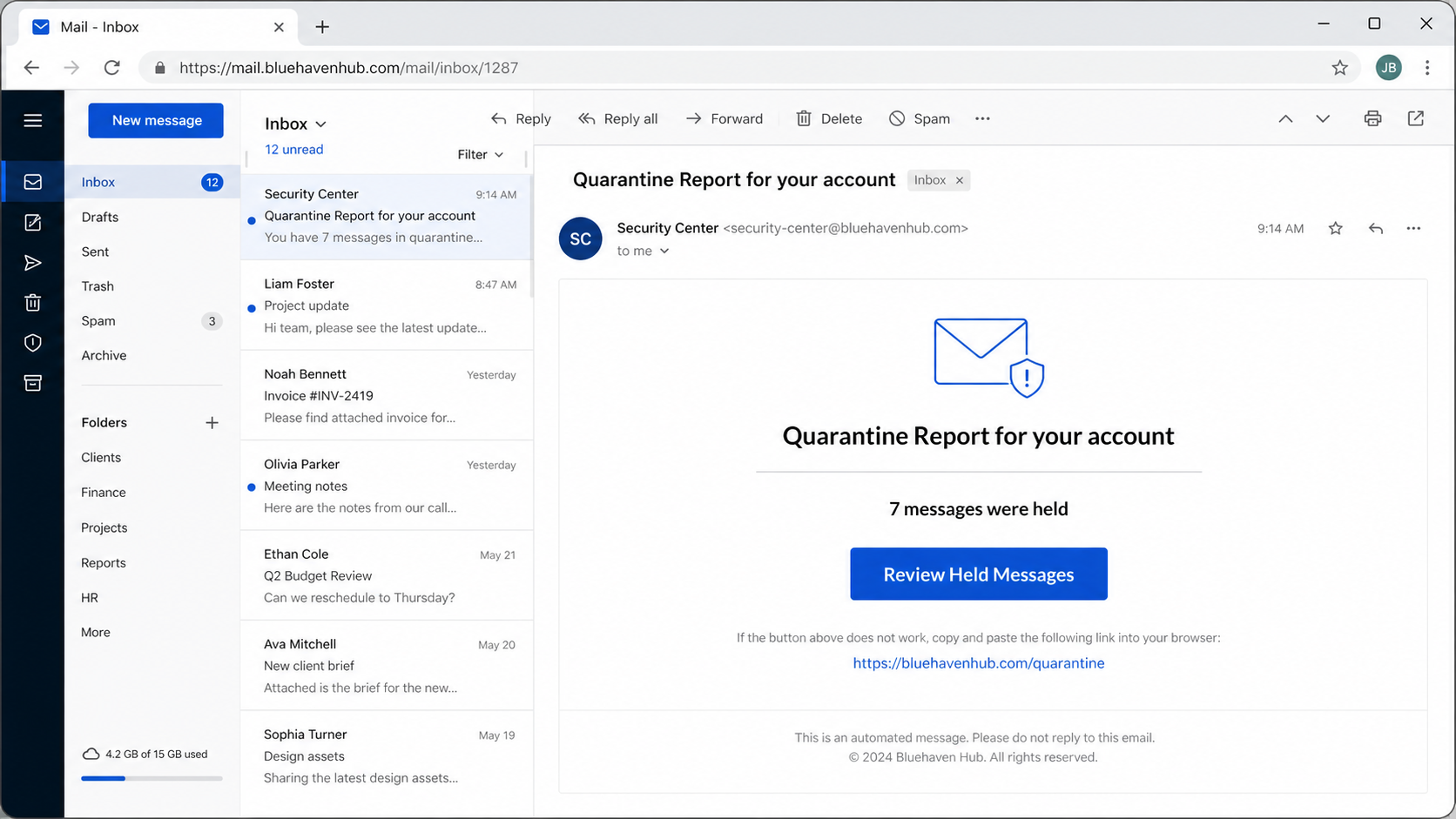 Reconstruction of a fake Zoho-style quarantine report email claiming that seven messages are held for review