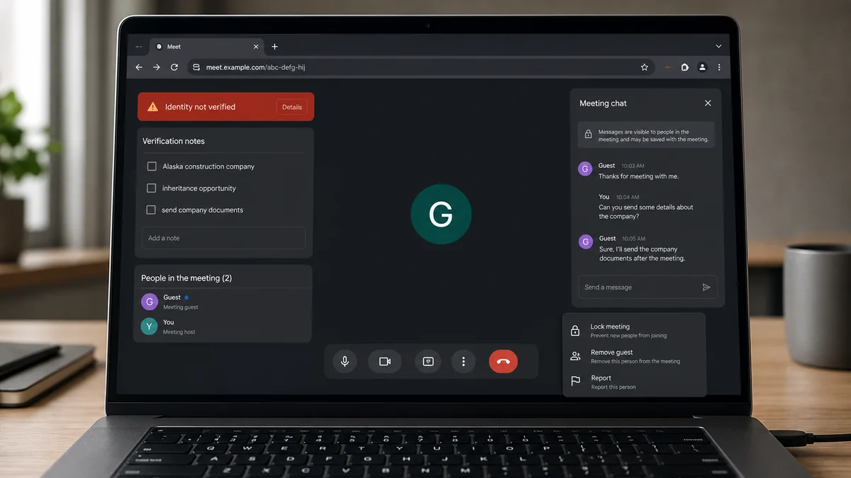 Zoom Video Mask Scam Makes a Fake Investor Look Real 2 Realistic reconstruction of an online meeting verification screen with unverified identity notes and host security controls