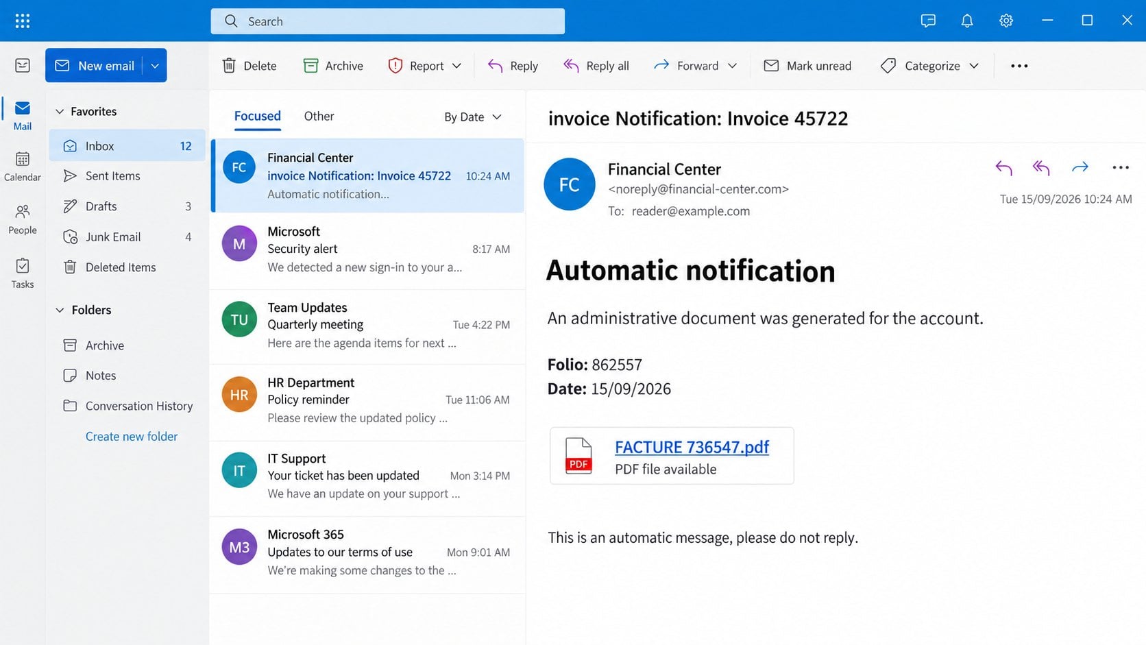 Illustrative Administrative Document Has Been Generated email with invoice details
