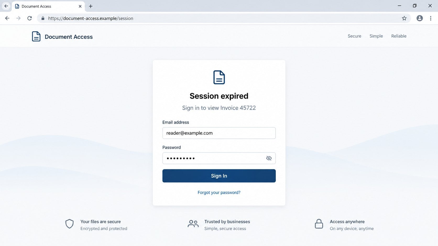 Illustrative session-expired invoice portal requesting an email password on a fictional domain