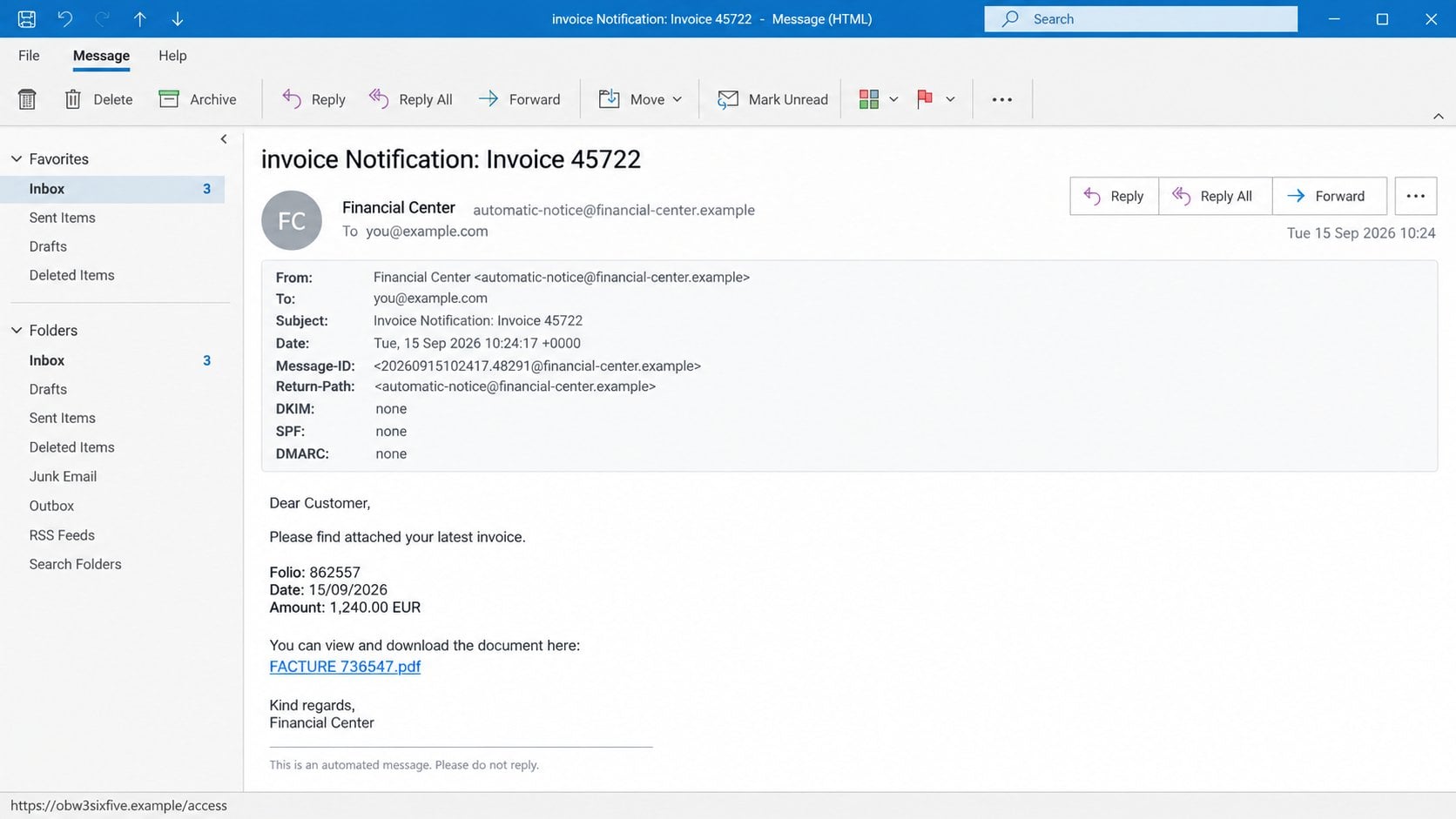 Illustrative expanded invoice email details showing a fictional unrelated link destination