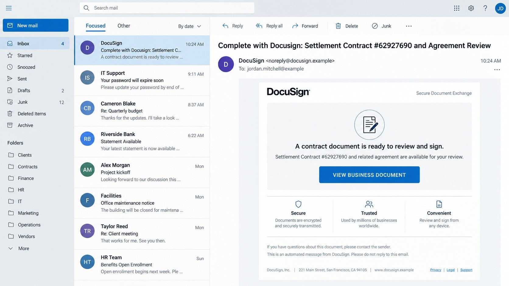 Illustrative Contract Document to Review and Sign phishing email