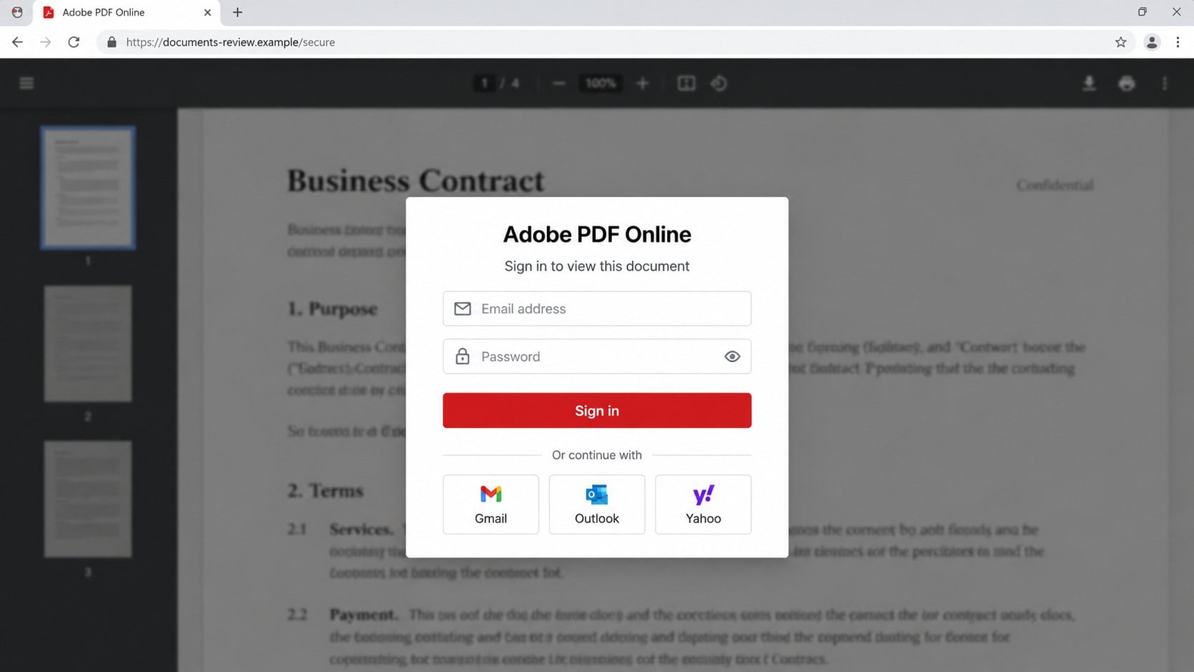 Illustrative fake Adobe PDF Online password page on a fictional domain