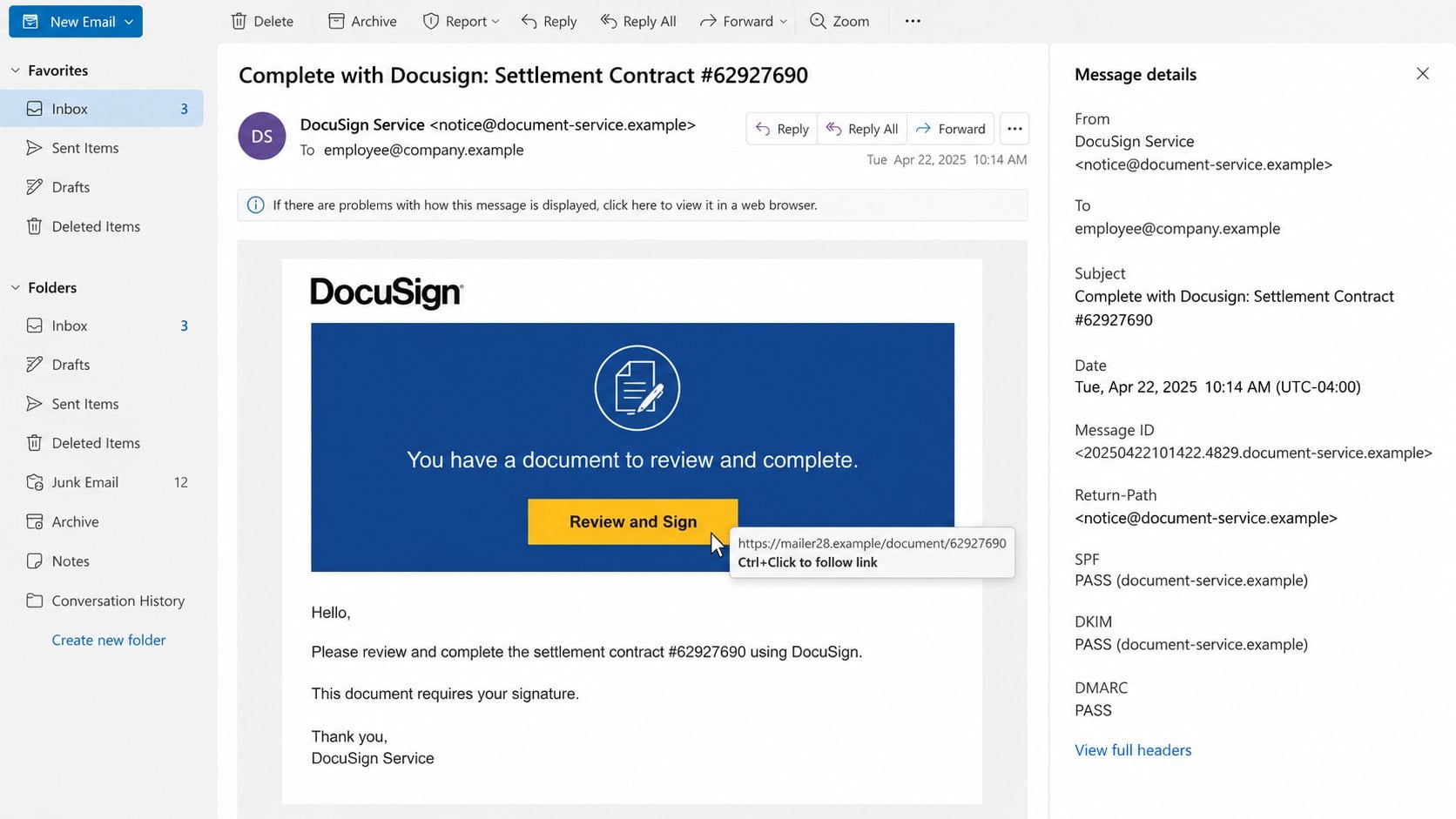 Illustrative expanded contract email details revealing an unrelated fictional destination