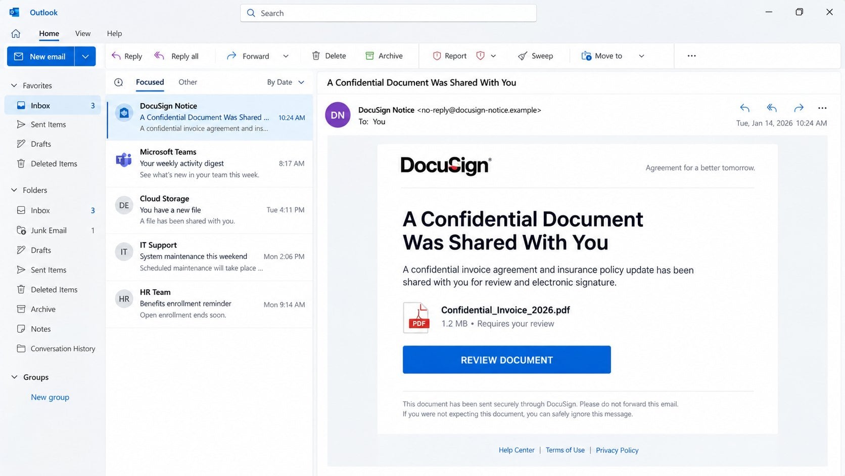 Illustrative DocuSign confidential document phishing email