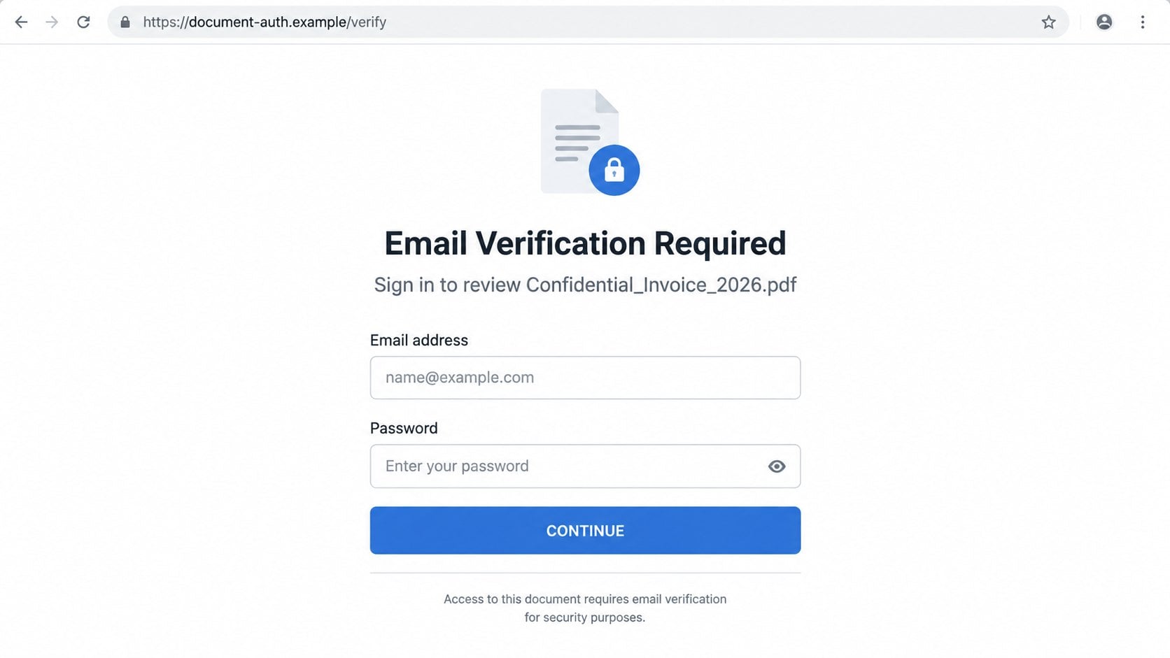 Illustrative fake email verification page for a confidential invoice
