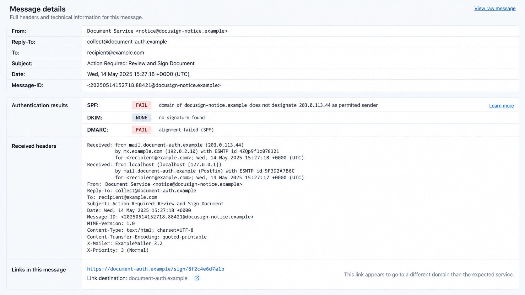 Illustrative message headers exposing a fake DocuSign sender and link