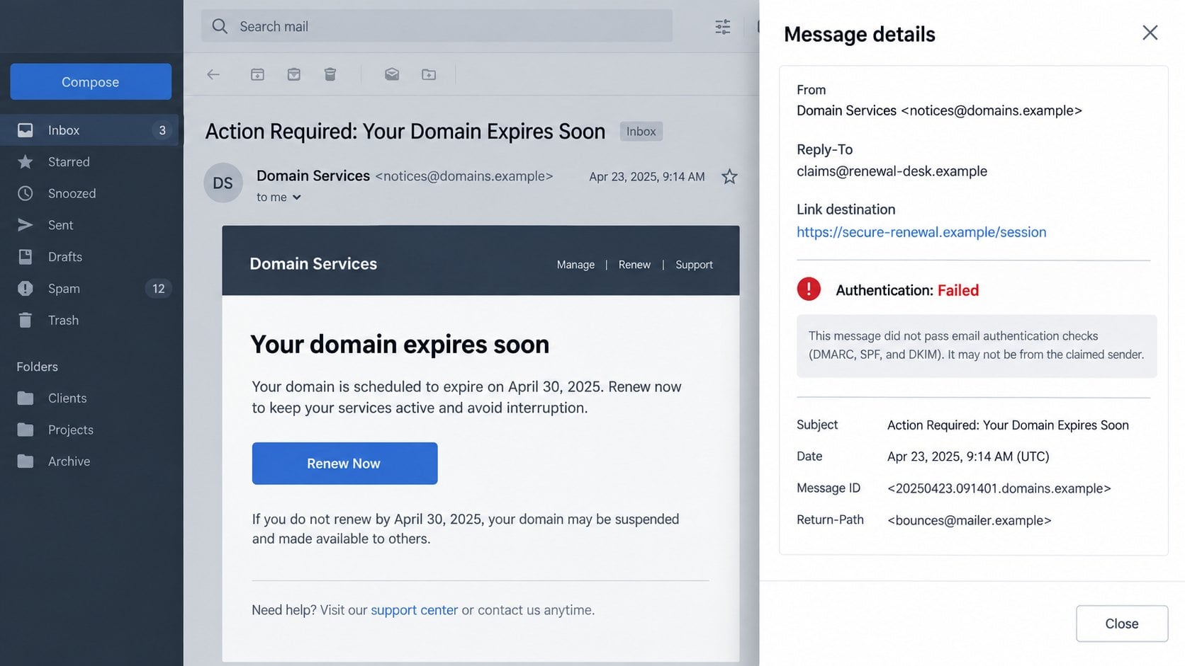 Illustrative email details showing a mismatched domain renewal sender and link