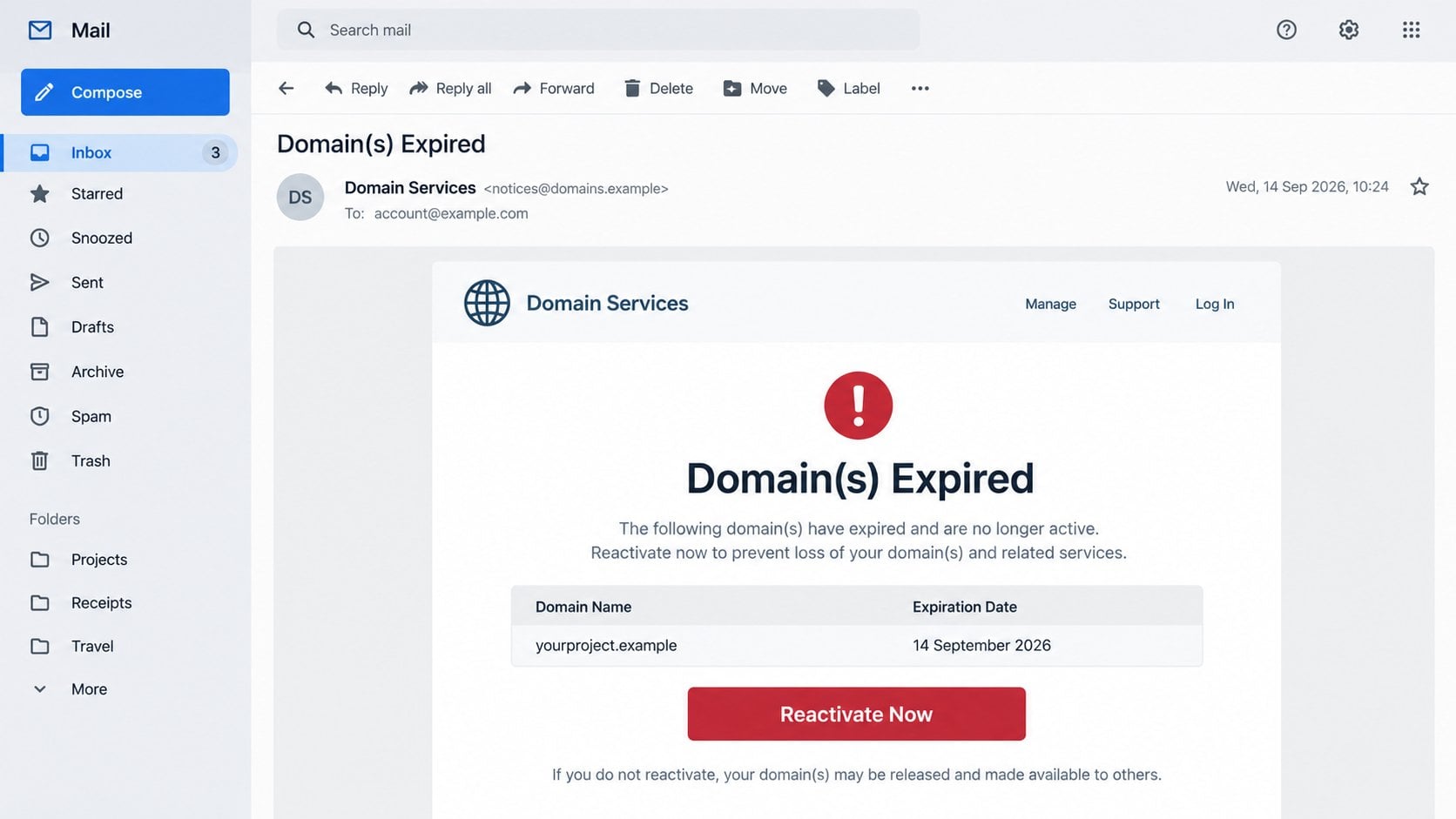Illustrative Domain Expired phishing email with a reactivation button
