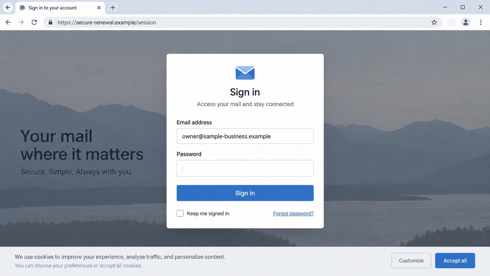 Illustrative fake mail login opened by a domain renewal link
