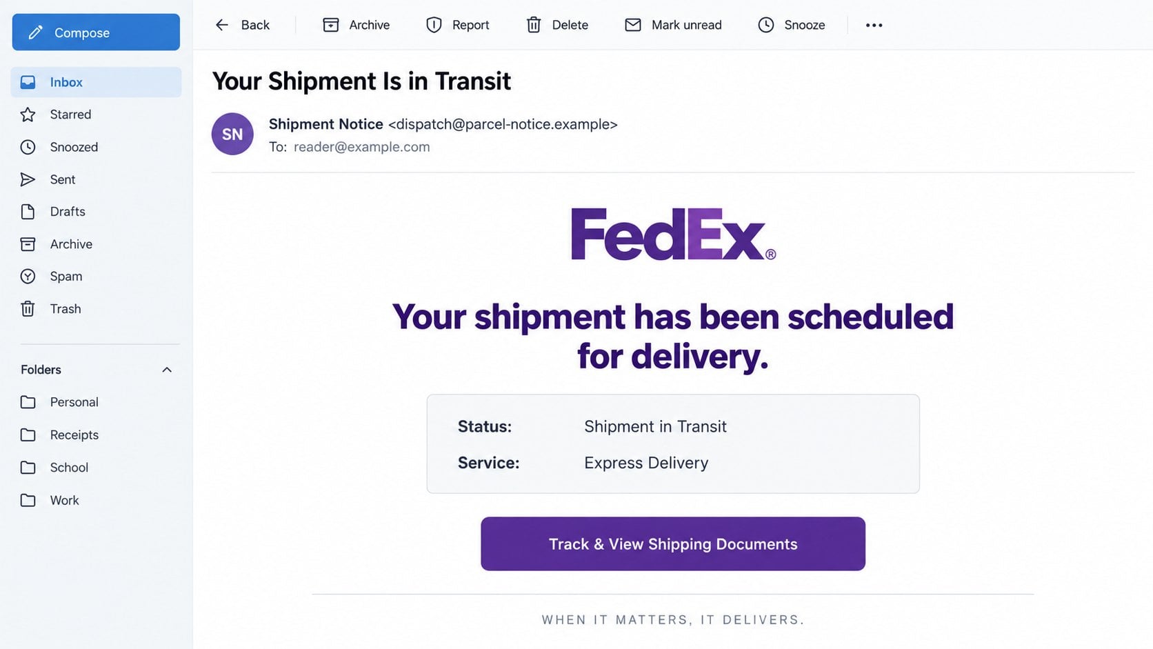 Illustrative FedEx shipment scheduled email with a shipping documents button