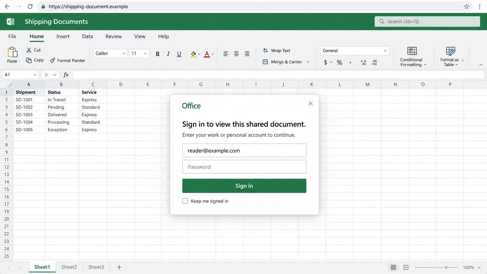 Illustrative shared spreadsheet page with an Office-style sign-in prompt