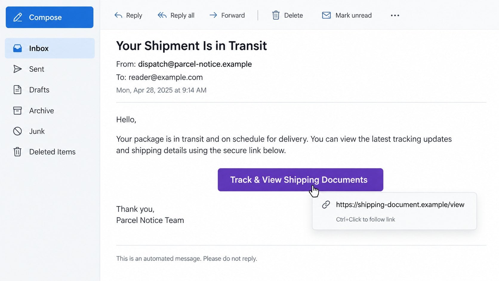 Illustrative expanded shipment-email details showing an unrelated document destination